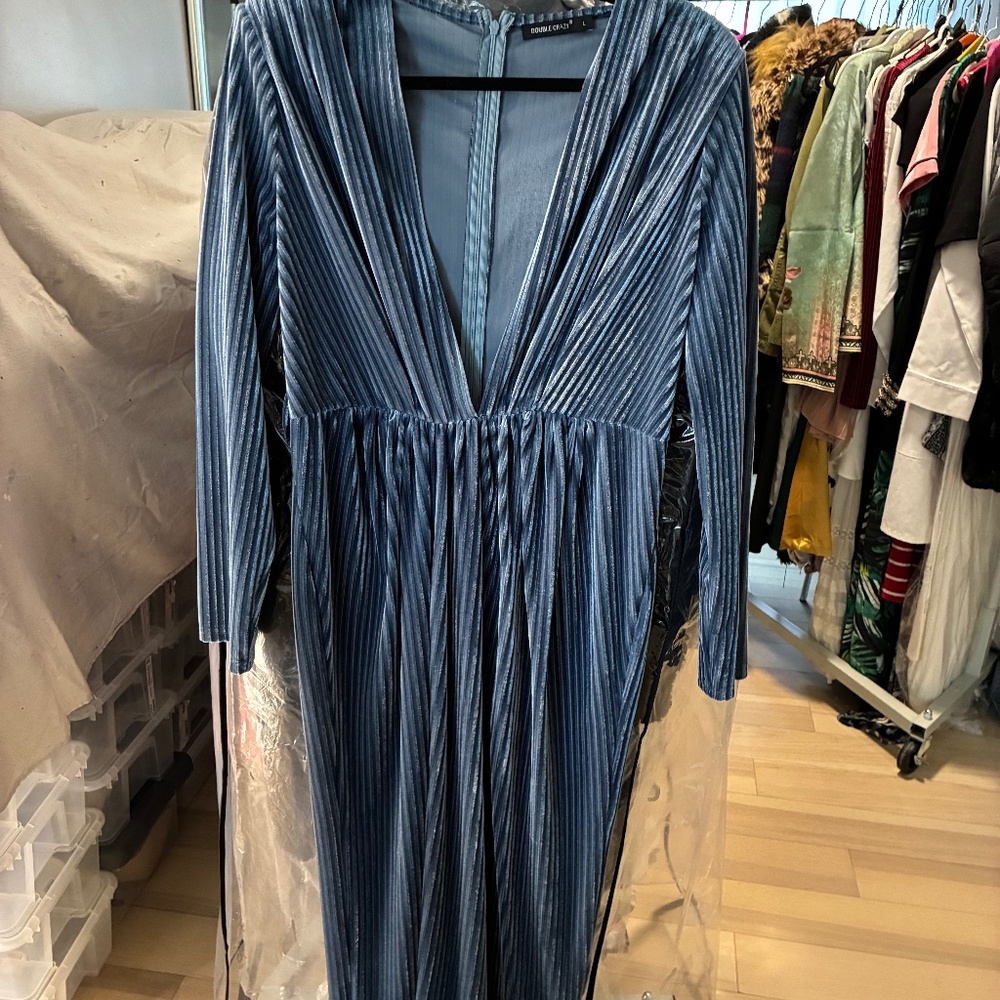 Vintage Dusk Blue Velvet Ribbed Column Dress Deep V Maxi